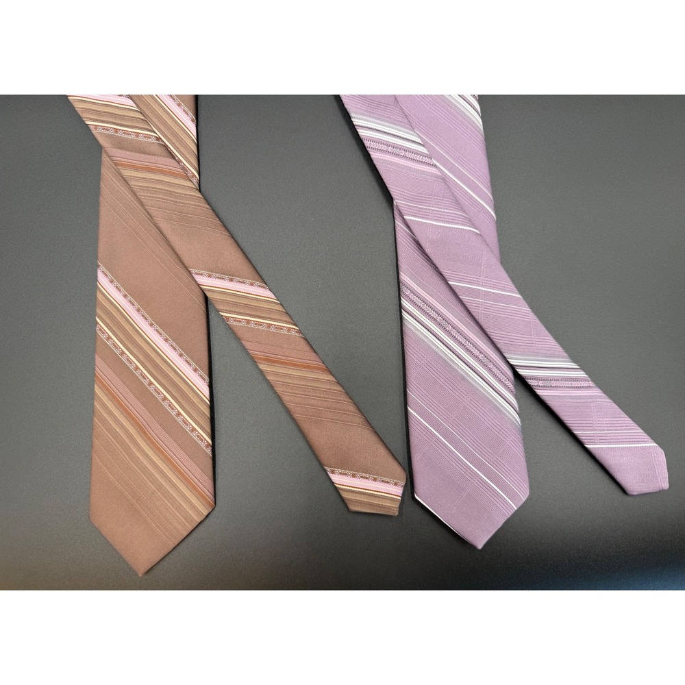 Albert Azizo Mens Necktie Set 2 Vintage Striped Brown Lavender Purple Polyester